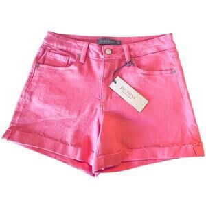 NEW JUST USA Cuffed Mid Rise Denim SHORTS Women's 27/4 Pink Fruit Punch Raw Edge